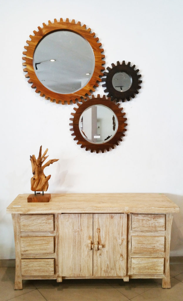 Rustic Whitewash buffet Table with Gear Mirror